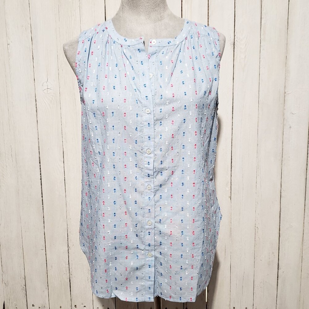 NEW Loft S Top Blue Shimmer Dot Sleeveless Cottage Preppy Casual‎ Coastal Beachy